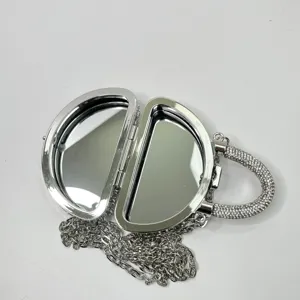 Silberne Strass-Ketten-Umhängetasche mit einzigartigem Metall-Spiegel-Design für Damen chic