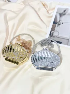 Rhinestone mini crossbody chain bag, stylish crystal clutch evening box for women detail view.