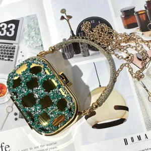 Luxury rhinestone evening clutch bag, sparkling green crystals mini crossbody bag for women.