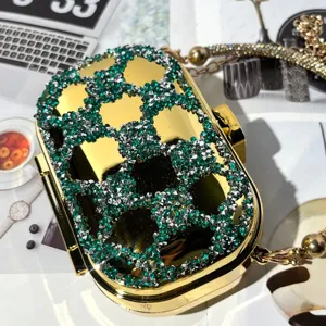 Gold mirror crystal clutch bag, green rhinestone luxury evening mini shoulder bag for women.