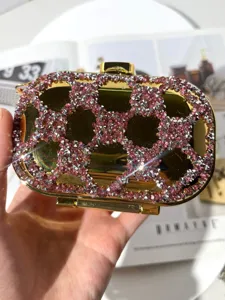 Luxury rhinestone mini clutch bag, gold acrylic evening bag, elegant shoulder crossbody bag.