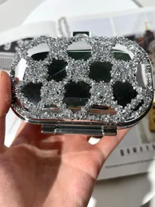 Luxury rhinestone mini clutch bag for women, silver acrylic evening shoulder bag with chain.