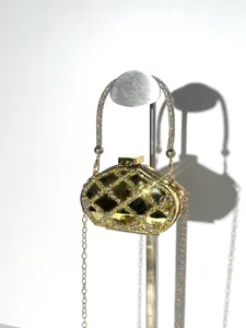 Gold acrylic rhinestone mini evening bag with crystal handle and chain for women.