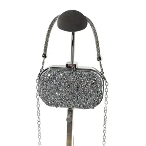 Shiny rhinestone evening clutch bag for women, elegant metallic chain shoulder bag party purse.