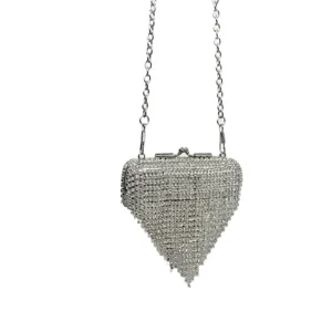 Mini rhinestone heart crossbody bag shiny silver evening clutch shoulder purse.