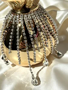 Goldene Metallic Strass Abendtasche Clutch mit kaskadenartigen Kristall Fransen Quasten Damen.