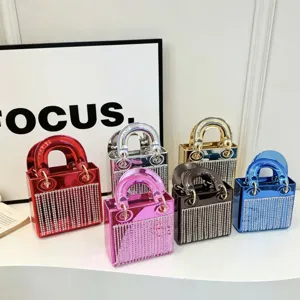 Glossy acrylic rhinestone mini evening handbag, luxury style party top handle purse for women.