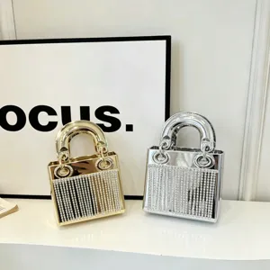 Metallic acrylic mini evening handbag with rhinestone fringe, luxury party top handle bag.