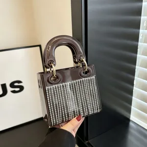 Shiny dark brown acrylic mini handbag featuring rhinestone fringe and structured top handle.