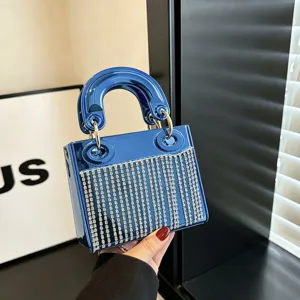 Glossy acrylic mini evening handbag with sparkling rhinestone fringe, elegant party top handle bag.