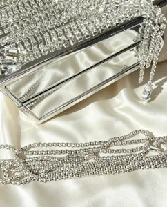 Silberne Strass Acryl Abendtasche Nahaufnahme mit glitzernden Kristall Details.
