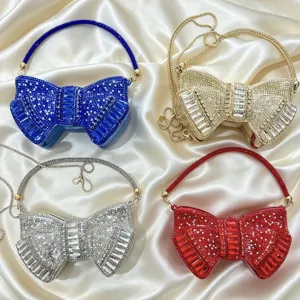 Stunning crystal bow evening bag, miniature acrylic rhinestone clutch, elegant party crossbody.