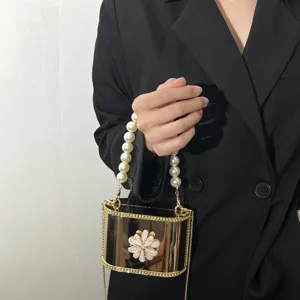 Borsa a mano da donna in acrilico di lusso con manico di perle borsa a tracolla oro vista principale