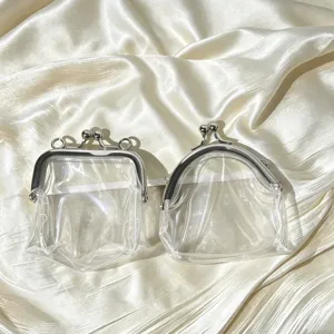 Transparent PVC kiss-lock coin purse detail, clear mini lipstick pouch with metal frame.