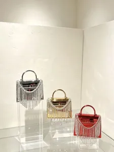 Elegante Acryl Box Abendhandtasche mit glitzernden Strassfransen und schickem Tragegriff.