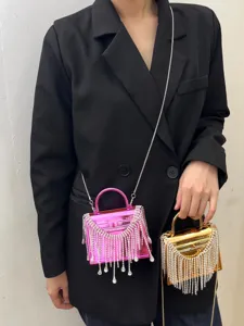 Acryl Mini Abendtasche mit Strassfransen, metallische Hardcase Umhängetasche für Damen.