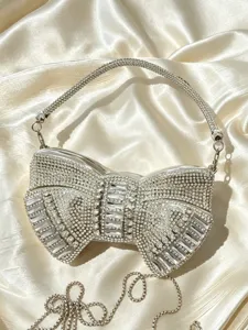 Elegant silver rhinestone crystal bow evening clutch bag with chain strap for women
