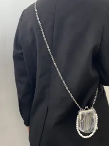 Clear kiss-lock coin purse detail view featuring elegant pearl border and a chic silver chain.
