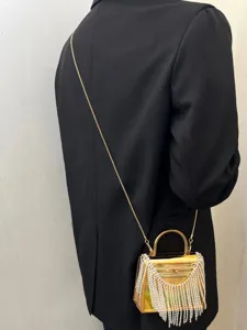 Acryl Abendtasche mit Strass Fransen, goldene Henkeltasche Umhängetasche für Damen.