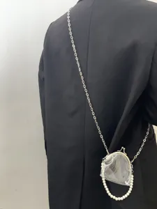 Clear transparent kiss lock crossbody coin bag with metallic chain strap and faux pearls detail.
