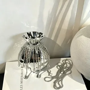 Silberne metallic Strass Fransen Umhängetasche Detail, elegante Abendtasche mit Kette.