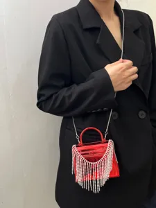 Rote Acryl Mini Henkeltasche Mit Strass Quaste Umhängetasche Abendtasche Für Damen