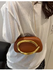 Stylish brown crossbody bag with gold metal ring clasp and chain strap for women.
