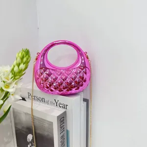 Pink glossy hard shell mini handbag crossbody cute metallic chain trendy shoulder bag for women