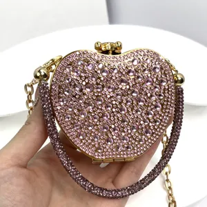 Funkelnde Kristall Strass Apfel geformte Mini Clutch Tasche mit Gold Kette für Damen.
