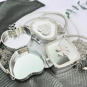 Borsa a tracolla con strass e specchio, eleganti borsette argentate a cuore e trifoglio.