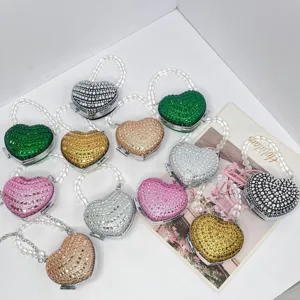 Luxus Strass Besetzt Herzförmig Mini Umhängetasche Für Damen Acryl Metall Box Abend Handtasche Perlengriff Kette Schultertasche