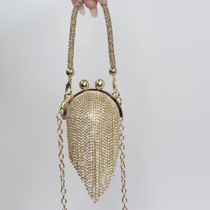 Goldene Strass Mini Clutch Tasche mit Quette Kette für Damen elegante Abendtasche