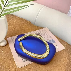 Chic acrylic handle mini evening bag, retro blue clutch purse for women party and wedding events.