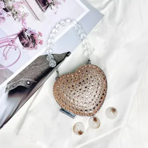 Luxus Kristall Herz Mini Tasche mit Perlen Griff, glitzernde Strass Umhängetasche chic.