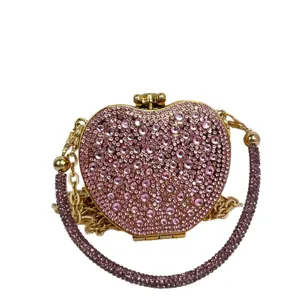 Glitzernde Kristall Apfel Mini Clutch Tasche mit Strass und Goldkette für Damen Party