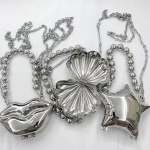 Metallische silberne Mini Lippe Muschel Stern Form Schulter Umhängetasche Kette Kosmetik