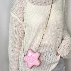 Rosa sternförmige Umhängetasche mit einem süßen Smiley-Gesicht und goldenem Kettengurt.
