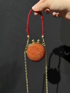 Mini Strass Umhängetasche, rote runde Abendtasche mit Kette und Perlenhenkel chic.