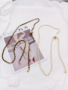 Stylish women metal chain belt, chic leather woven waist chain with adjustable sliding ball for dress.