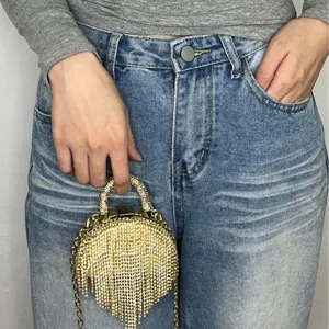 Goldener Strass Fransen Abendtasche Mini Kette Umhängetasche für Damen Party Abschlussball