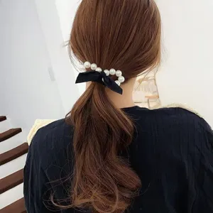 Pearl hair tie with black bow elegant ponytail holder cute hair accessory for women