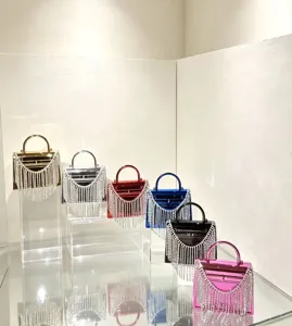 Detailaufnahme der wunderschönen bunten Acryl Abendhandtaschen mit Strassquasten.