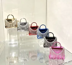 Acryl Strass Fransen Abendtasche Mini metallische Box Handtasche elegante Party Umhängetasche