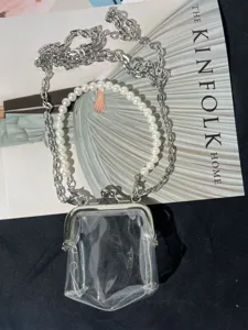 Transparent kiss-lock coin bag with pearl handle and metal chain strap for women.