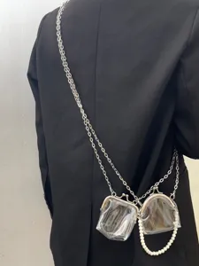 Clear kiss-lock coin purse detail with metal chain strap and pearl decor for stylish women.