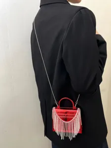 Damen Mini Rote Acryl Box Umhängetasche mit Strass Quasten Mode Handtasche Hauptbild