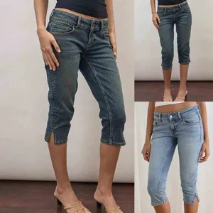 Discover trendy women stretch cropped jeans with split hem, stylish denim trousers for daily wear.