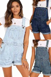 Women's denim bib shorts casual overall shorts summer streetwear fashion denim romper.
