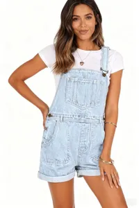 Women's light blue denim romper shorts with white t-shirt detail, classic pockets.