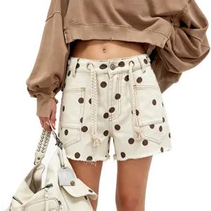 Women polka dot denim shorts stylish summer casual drawstring pockets comfortable outfit